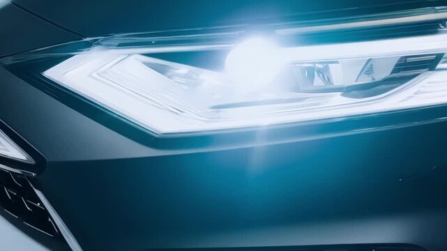 Modern car headlight shines brightly in the dark, highlighting sleek design and luxury