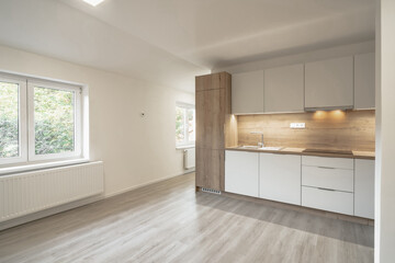 Bright, modern kitchen with wooden cabinets, a built-in cooker, and a spacious living area featuring light floors and large windows. The room is open, airy, and designed with contemporary elements.
