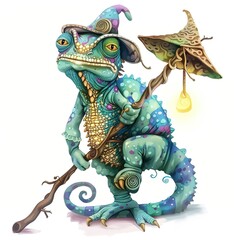 Fototapeta premium Chameleon Enchanter Occupation fantasy animal cartoon isolated whitebackground