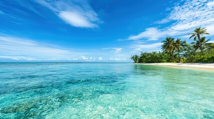 Fototapeta premium Idyllic Tropical Beach with Palm Trees and Turquoise Waters.