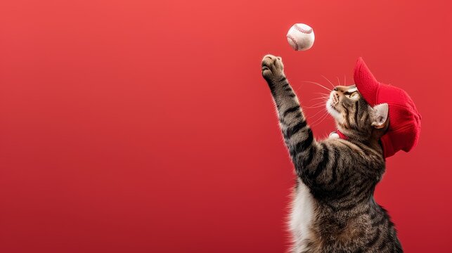 Playful cat wearing a red hat, reaching for a baseball against a vibrant red background, capturing a moment of sheer joy.