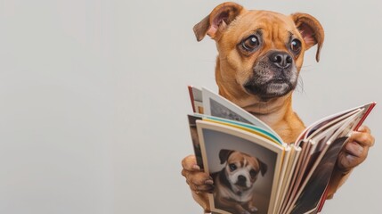 A curious dog reading a photo book, showcasing its inquisitive nature and love for pictures in a lighthearted setting.