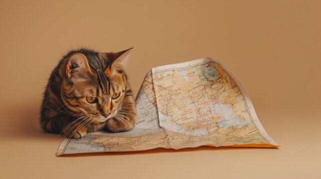 A curious cat explores an old map, showcasing its playful nature and love for adventure in a warm, neutral background.