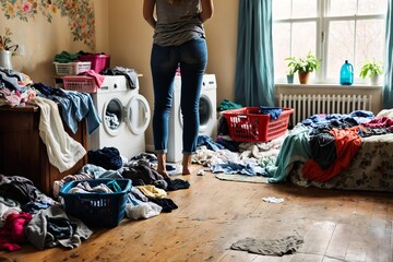 A woman standing in front of a pile of clothes, possibly doing some laundry