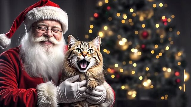 Funny Santa Claus and cute fluffy cat singing. Christmas lights decoration in the background
