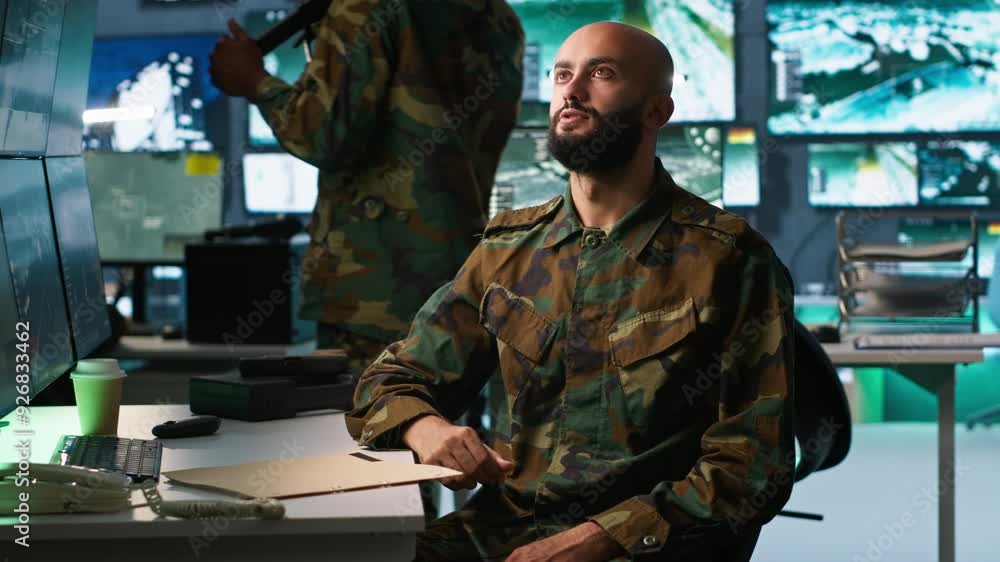 Poster military agent using augmented reality tech in control room, analyzing aerial reconnaissance data. i