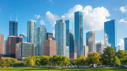 Naklejka premium Modern Skyscrapers in a City Park.