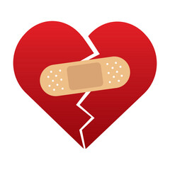 Red Heart broken to two pieces fixed with a plaster patch, vector illustration icon or logo, fixed broken heart concept, breakup or divorce, heartbreak regret, separated couple, tragic love.