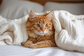 A cute domestic red cat lies on a bed under a white blanket in a cozy bedroom, creating a peaceful and adorable atmosphere. Suitable for pet-themed content, home decor,...