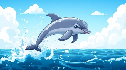 A smiling cartoon dolphin jumping out of the ocean -