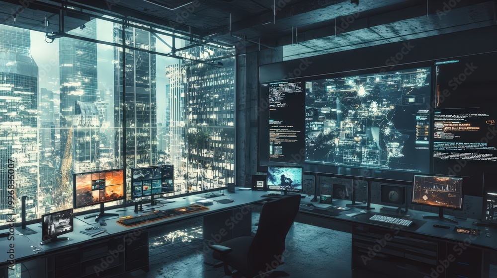 Sticker futuristic hacker workstation with city view.