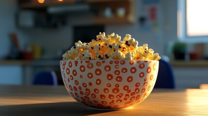 A bowl of popcorn with a playful design 