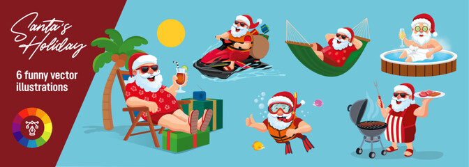 Funny illustrations of Santa Claus on holiday