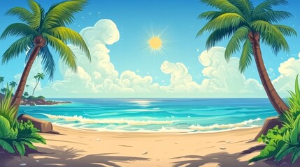 A cartoon beach scene with palm trees and a sun 