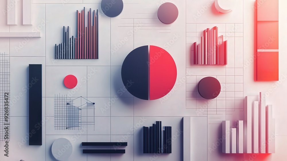 Poster abstract data visualization with pie chart, bar graphs and geometric shapes.