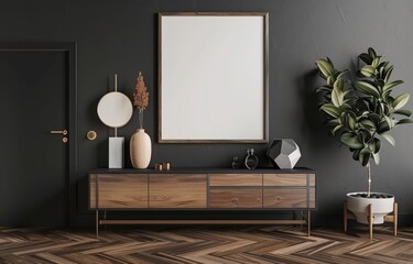 a Blank Poster Frame on a Dark Gray Wall Above a Modern Cabinet. 