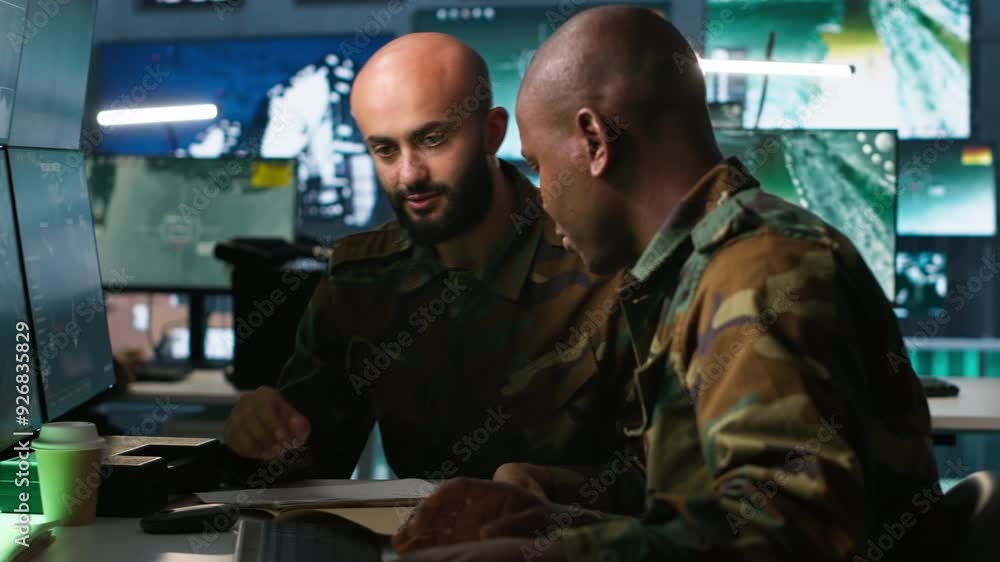 Poster army officers doing brainstorming in command center, looking at intel folder files. intelligence cor