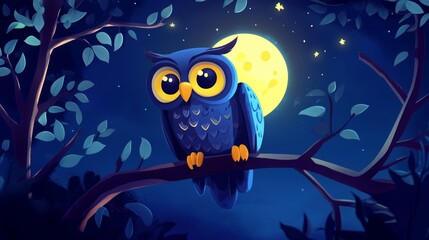 Obraz premium A cartoon owl sitting on a tree branch at night 