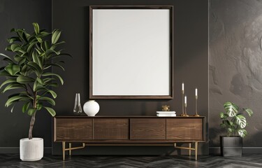  a Blank Poster Frame on a Dark Gray Wall Above a Modern Cabinet. 