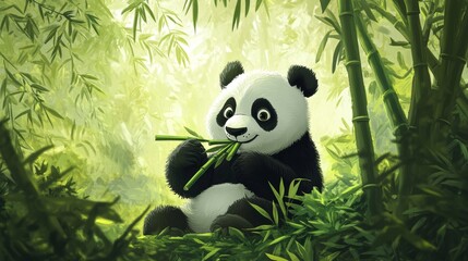 Fototapeta premium A cartoon panda eating bamboo in a bamboo forest