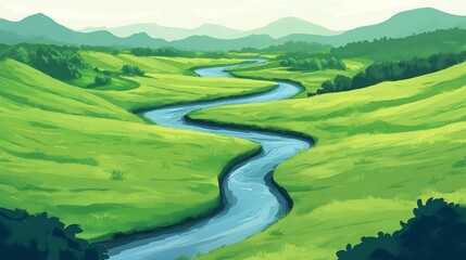 Obraz premium A cartoon river winding through a green landscape 