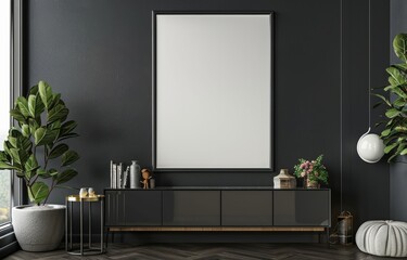  a Blank Poster Frame on a Dark Gray Wall Above a Modern Cabinet. 