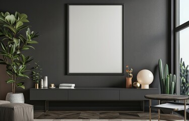 a Blank Poster Frame on a Dark Gray Wall Above a Modern Cabinet. 
