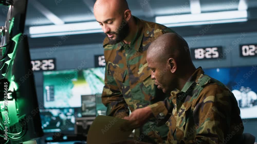 Poster soldier in military hq base doing brainstorming with coworker, gathering information on enemy troops