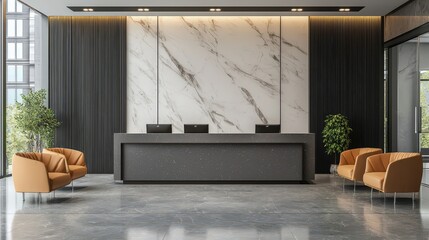 Modern Reception Desk with Marble Wall and Two Armchairs.
