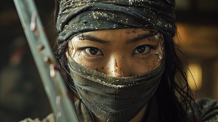 Mysterious figure - portrait ninja depicting shadowy and elusive warrior, capturing essence of stealth and agility, highlighting enigmatic presence and silent strength of master of covert operations.