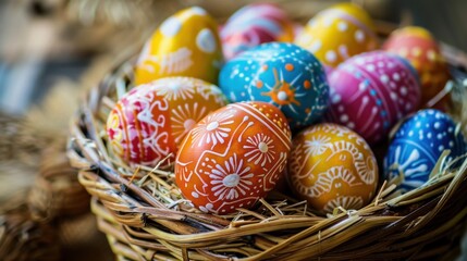 A basket of colorful Easter eggs, decorated and ready for a holiday celebration.