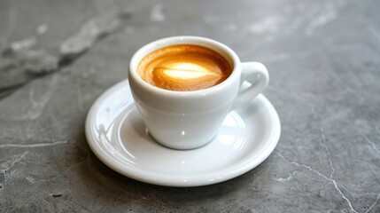 A classic espresso shot with a rich crema, served in a small white cup on a saucer.