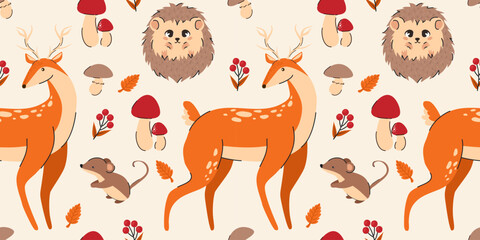 Obraz premium Autumn seamless pattern. Deer, hedgehog, mouse, mushrooms, autumn leaves. Flat vector illustration.