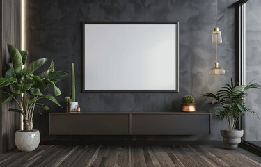  a Blank Poster Frame on a Dark Gray Wall Above a Modern Cabinet. 