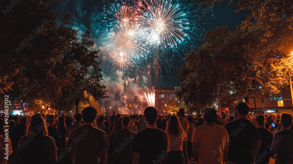 Poster a crowd gathered in a public square to watch a unity day fireworks show