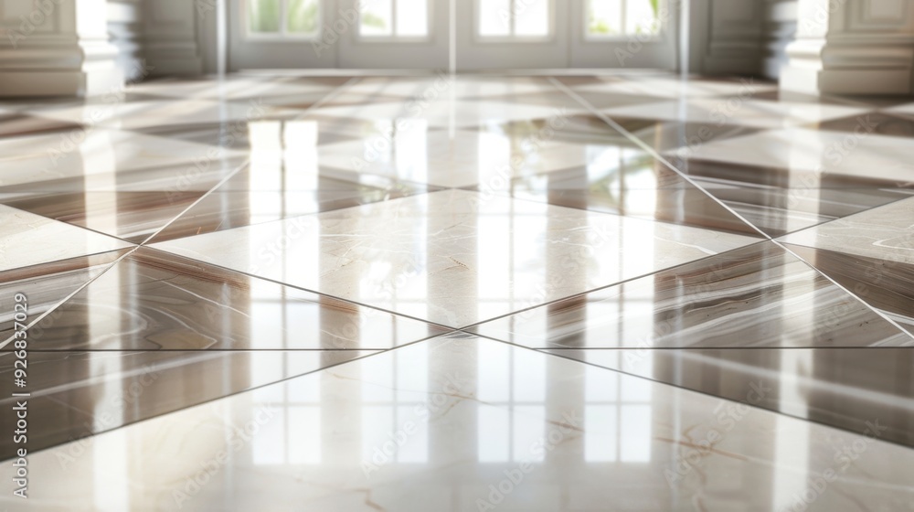 Poster a close-up of a clean, polished tile floor with a geometric pattern, creating a modern look
