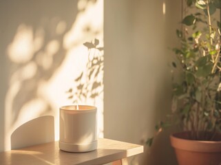 a Minimalist Candle in a White Ceramic Jar on a Table with a Plant. Soft Shadows and Neutral Background 