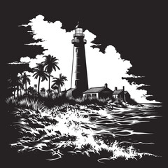 Dramatic black and white illustration of a coastal lighthouse with crashing waves, palm trees, and stormy clouds, evoking a sense of isolation