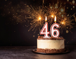 Birthday cake with 46 years birthday candle on dark background with bokeh. copy space	