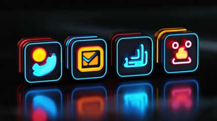Neon Icons on Black Background.