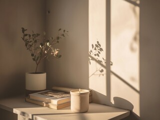 White Candle in Elegant Ceramic Jar on a Simple Table with Plants and Books. 