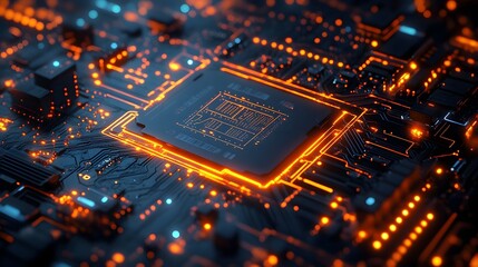 Glowing Circuit Board with Orange Lights - Technology Background