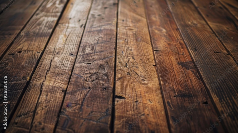 Poster a close-up of worn wooden floorboards with visible scratches and marks, adding to their rustic appea