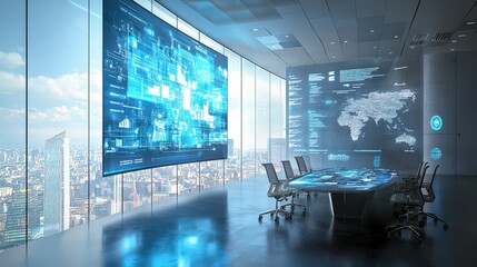 Modern Office Conference Room with Futuristic Screens and City View.