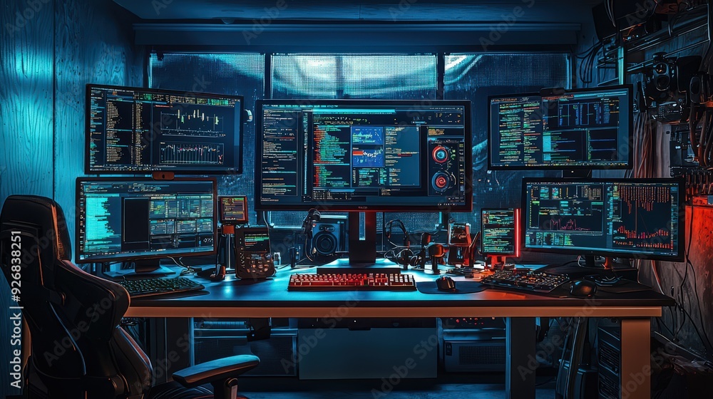 Poster hacker workstation with multiple monitors and blue and red neon lighting.