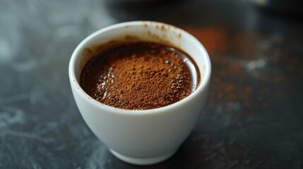 Obraz premium A cup of rich espresso with a sprinkle of cocoa powder on top, served in a small white cup.