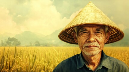 Fototapeta premium Vietnamese Farmer in Rice Field