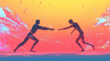 Naklejka premium Two Silhouettes Reaching Out in a Vibrant Abstract World.