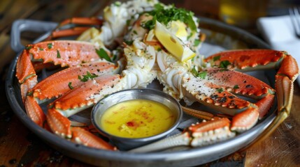 A dish of steamed crab legs, served with a side of melted butter and lemon.