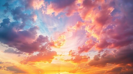 Fototapeta premium A dramatic sunset sky with clouds illuminated in shades of orange and pink.